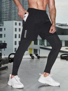 Manfinity Fitness Boyfriend Style Men Reflective Tape 2 In 1 Sports Pants Sweat-Wicking Lightweight Comfortable Running Muscle Minimalist Design Slim Fit For Workout Gymwear