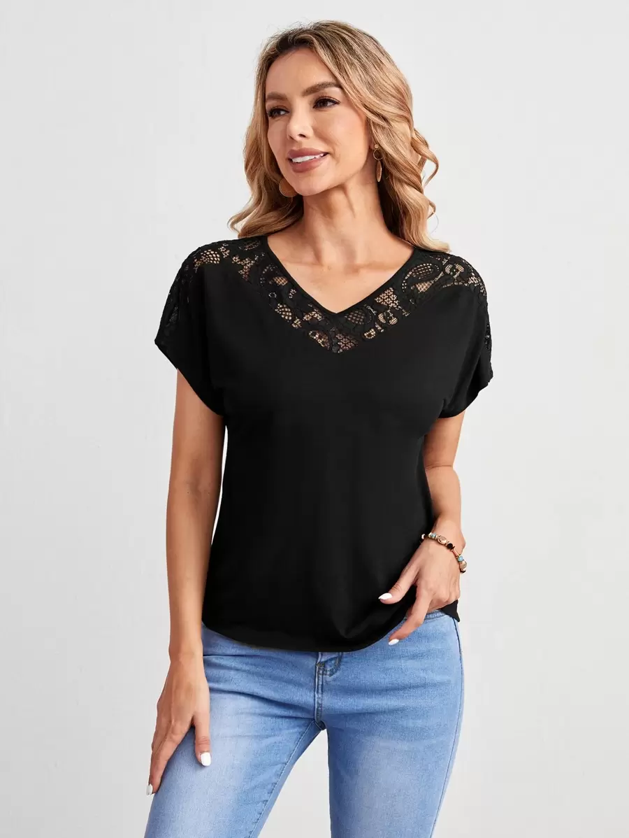 EMERY ROSE Contrast Lace Dolman Sleeve Tee