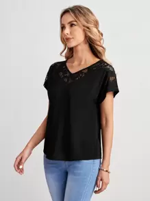 EMERY ROSE Contrast Lace Dolman Sleeve Tee