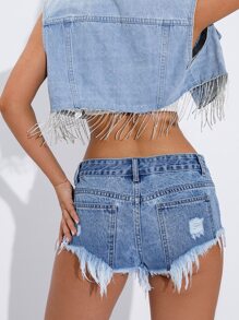 Low Waist Ripped Raw Trim Booty Denim Shorts - Light Wash - View 2
