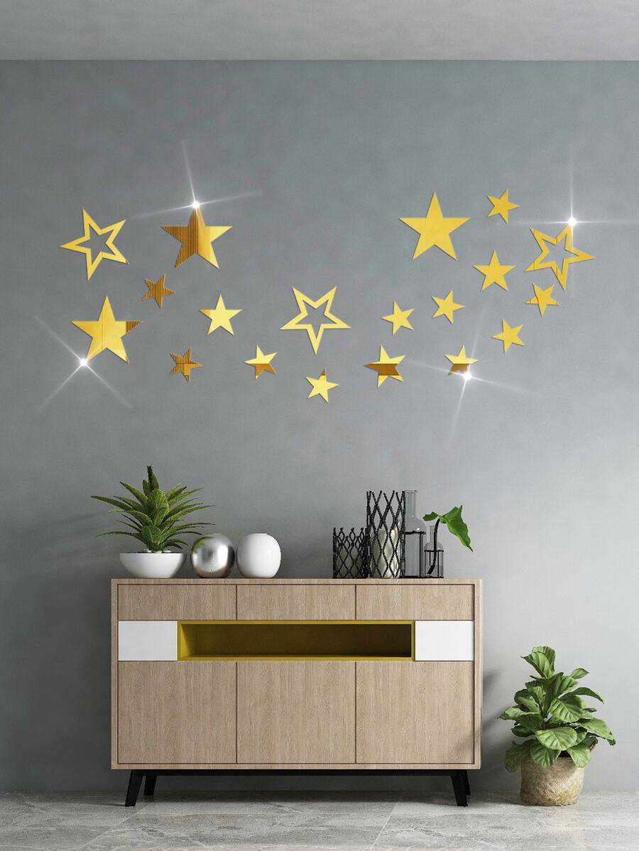 19 件亚克力自粘可移除星空镜面墙贴，易于粘贴，不损坏 DIY 家居装饰，北欧浪漫星空创意家居装饰，适用于卧室、玄关、星空装饰 - 金色 - 查看 1