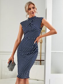 MIUSOL Polka Dot Twist Split Back Bodycon Dress - Navy Blue - View 3