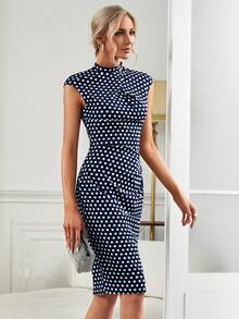 MIUSOL Polka Dot Twist Split Back Bodycon Dress - Navy Blue - View 5