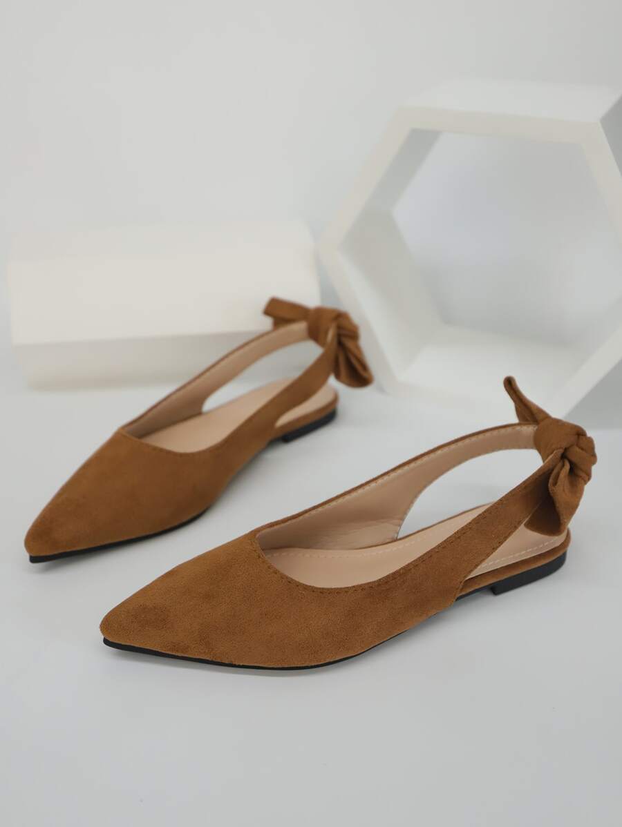 Suedette Knot Decor Point Toe Slingback Flats - Brown - View 1