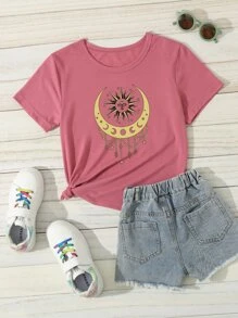 SHEIN Girls 1pc Sun & Moon Print Tee - Dusty Pink - View 1