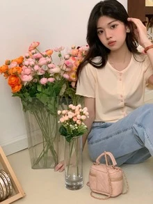 素色木耳邊前紐扣T恤 - 杏色 - 查看 3