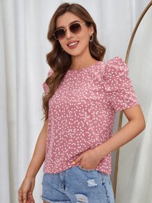 SHEIN Clasi Top de espalda con abertura de ojo con estampado de corazón de manga farol - Rosa vieja - Ver 3