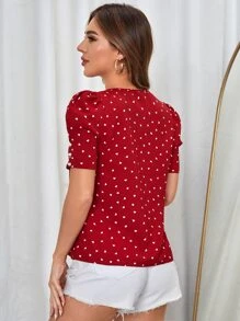 SHEIN Clasi Confetti Heart Print Puff Sleeve Button Detail Blouse - Burgundy - View 2