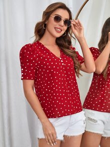 SHEIN Clasi Confetti Heart Print Puff Sleeve Button Detail Blouse - Burgundy - View 6