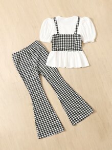 SHEIN Cô gái Tween Họa tiết Nanh sói Ống tay áo Áo Peplum & Quần ống loe - Đen và trắng - Xem 2