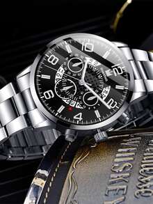 SHAARMS Đồng hồ thạch anh 1 mảnh nam đeo tay tròn ngày và 1 mảnh vòng tay - Bạc - Xem 5