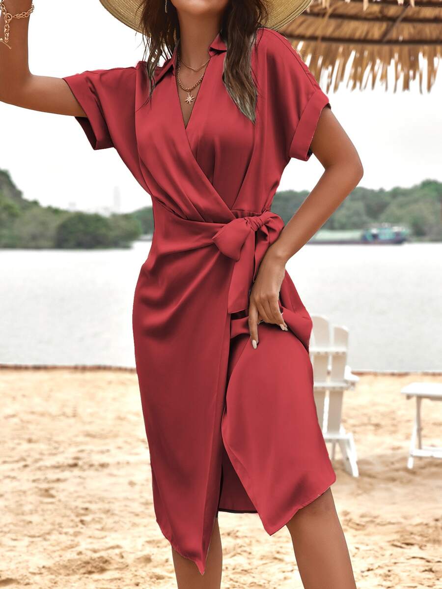 Solid Batwing Sleeve Wrap Satin Dress - Burgundy - View 1