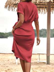 Solid Batwing Sleeve Wrap Satin Dress - Burgundy - View 2