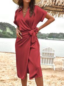 Solid Batwing Sleeve Wrap Satin Dress - Burgundy - View 4