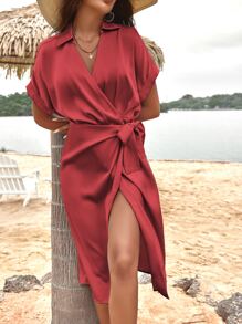 Solid Batwing Sleeve Wrap Satin Dress - Burgundy - View 6
