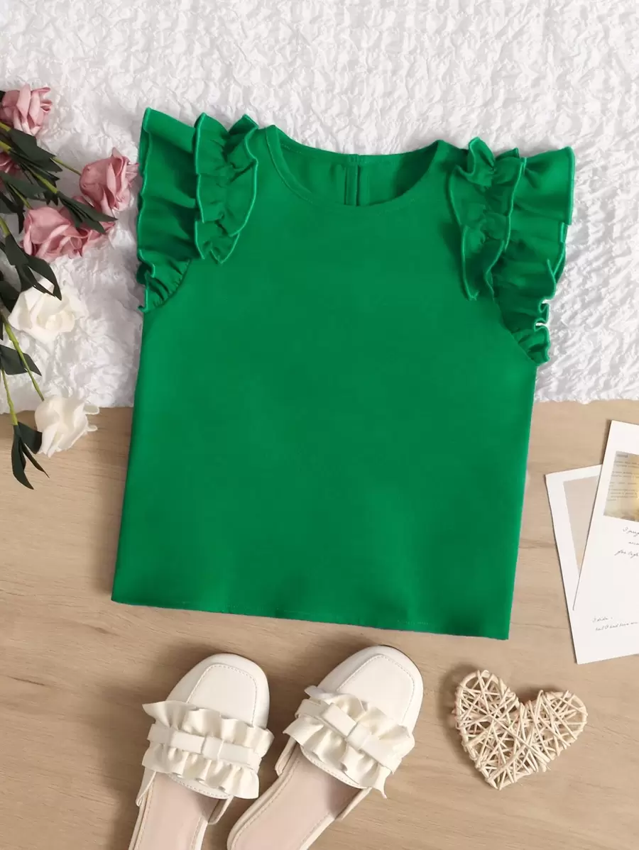 SHEIN 小女童褶邊蝴蝶袖襯衫 - 綠色 - 查看 1
