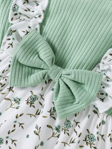 Baby Girl Floral Print Bow Front Ruffle Trim 2 In 1 Bodysuit & Headband - Multicolor - View 5