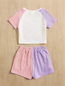 SHEIN Young Girl Heart Print Colorblock Raglan Sleeve Tee & Shorts - Multicolor - View 2