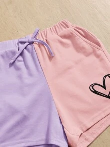 SHEIN Young Girl Heart Print Colorblock Raglan Sleeve Tee & Shorts - Multicolor - View 3