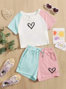 SHEIN Young Girl Heart Print Contrast Raglan Sleeve Tee & Shorts - Multicolor - View 2