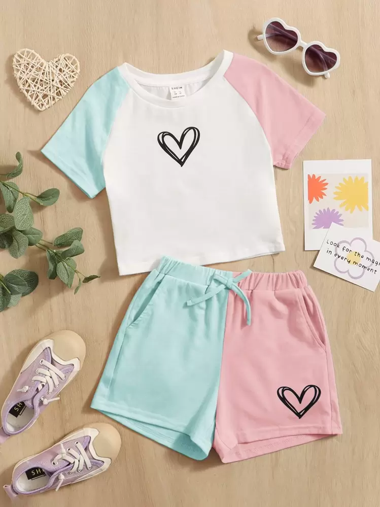 SHEIN Joven Camiseta Manga Raglan Y Pantalon Corto Con Impresión De Corazón - Multicolor - Añade 1