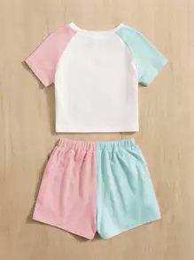 SHEIN Young Girl Heart Print Contrast Raglan Sleeve Tee & Shorts - Multicolor - View 3