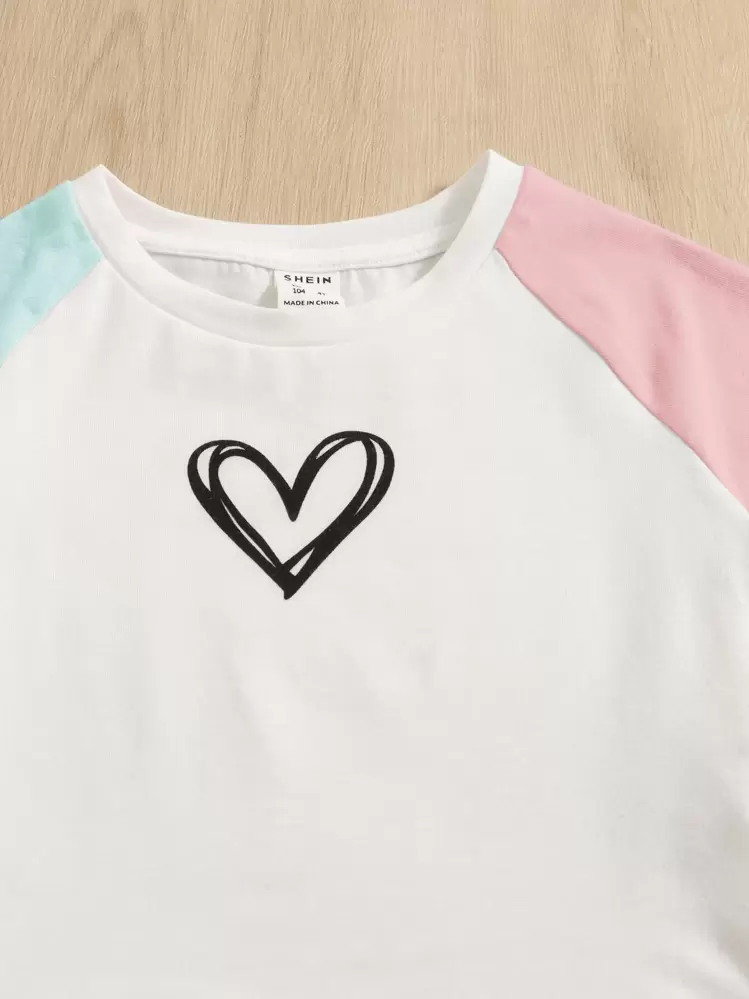SHEIN Joven Camiseta Manga Raglan Y Pantalon Corto Con Impresión De Corazón - Multicolor - Añade 4