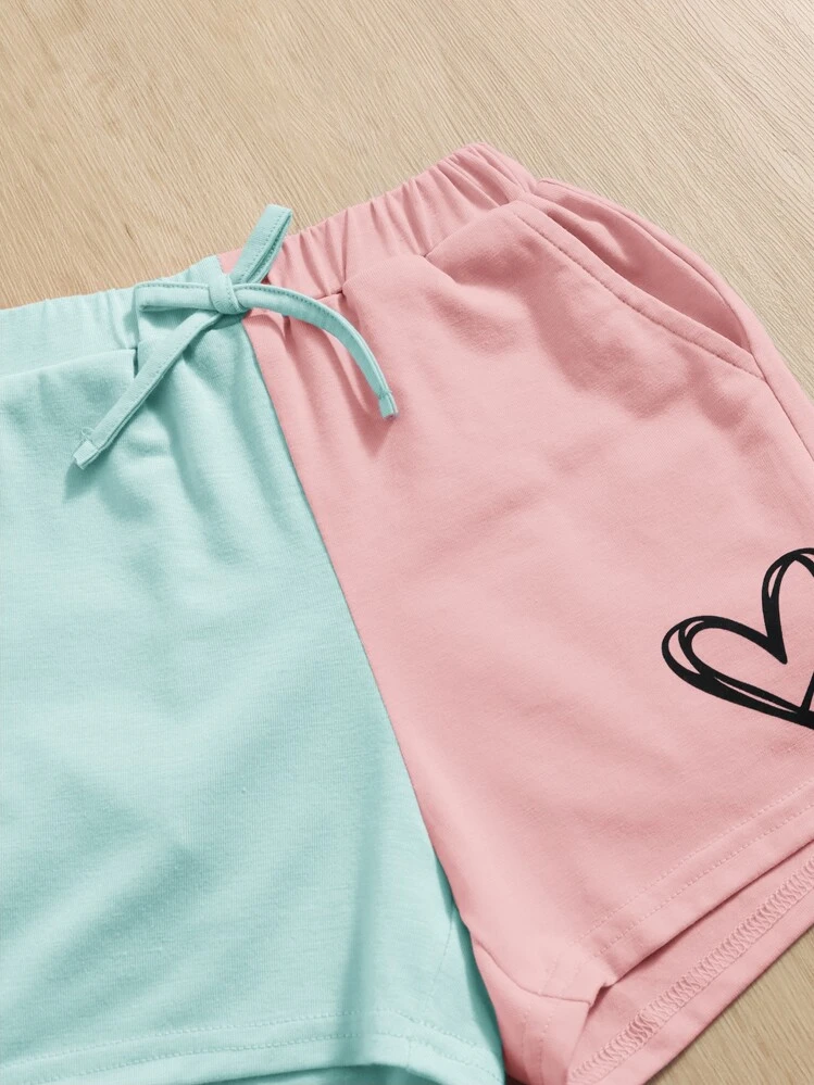 SHEIN Joven Camiseta Manga Raglan Y Pantalon Corto Con Impresión De Corazón - Multicolor - Añade 3