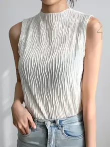 DAZY Business Casual Women Solid Color Stand Collar Textured Loose Tank Top Summer - White - View 3