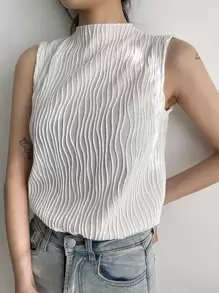 DAZY Business Casual Women Solid Color Stand Collar Textured Loose Tank Top Summer - White - View 4