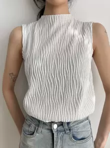 DAZY Business Casual Women Solid Color Stand Collar Textured Loose Tank Top Summer - White - View 10