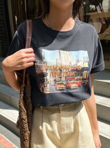 DAZY Car And Letter Graphic Drop Shoulder Tee WELCOME TO NEW YORK
