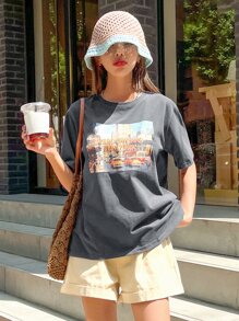 DAZY Car And Letter Graphic Drop Shoulder Tee WELCOME TO NEW YORK