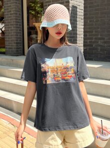 DAZY Car And Letter Graphic Drop Shoulder Tee WELCOME TO NEW YORK