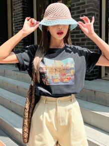 DAZY Car And Letter Graphic Drop Shoulder Tee WELCOME TO NEW YORK