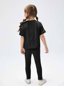 SHEIN 年轻女孩休闲纯色 2 件落肩 T 恤和紧身裤套装 - 黑色 - 查看 2