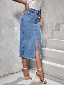 SHEIN Essnce High Waist Split Hem Denim Skirt - Medium Wash - View 5