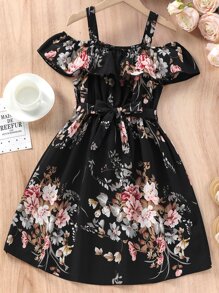 女孩印花挖肩繫腰帶連衣裙 - 黑色 - 查看 1