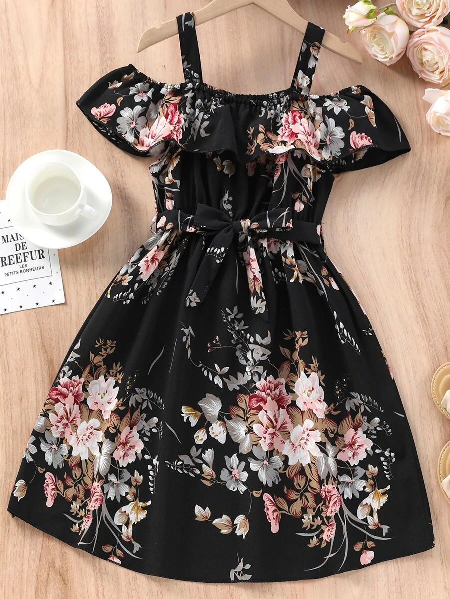 女孩印花挖肩繫腰帶連衣裙 - 黑色 - 查看 1