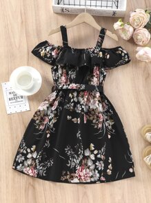 女孩印花挖肩繫腰帶連衣裙 - 黑色 - 查看 2