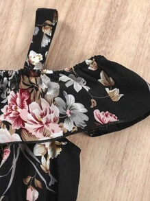 女孩印花挖肩繫腰帶連衣裙 - 黑色 - 查看 6