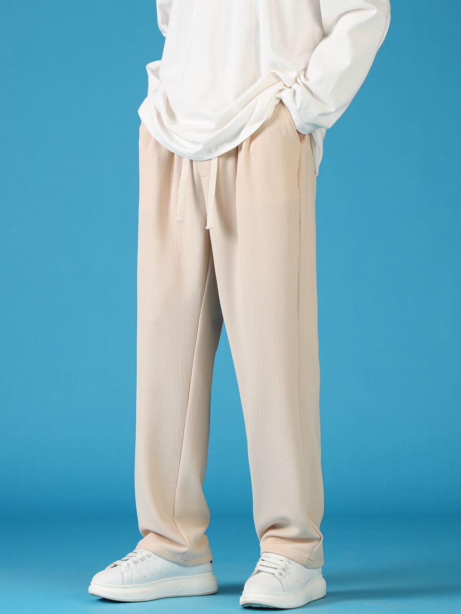 男士斜口袋腰部抽繩闊腿褲 - 卡其色 - 查看 1