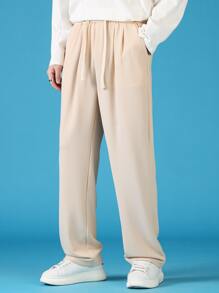 男士斜口袋腰部抽繩闊腿褲 - 卡其色 - 查看 3