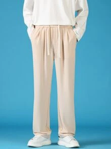 男士斜口袋腰部抽繩闊腿褲 - 卡其色 - 查看 5