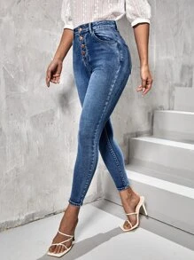 SHEIN Essnce Button Fly Bleach Wash Skinny Jeans - Medium Wash - View 1