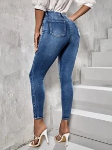 SHEIN Essnce Button Fly Bleach Wash Skinny Jeans - Medium Wash - View 2