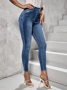 SHEIN Essnce Button Fly Bleach Wash Skinny Jeans - Medium Wash - View 3