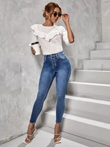 SHEIN Essnce Button Fly Bleach Wash Skinny Jeans - Medium Wash - View 6