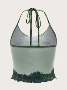 ROMWE 印花萵苣邊露背上衣 - 綠色 - 查看 2