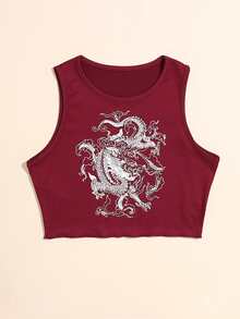 SHEIN Unity 中國龍圖案木耳邊背心上衣 - 酒紅色 - 查看 3